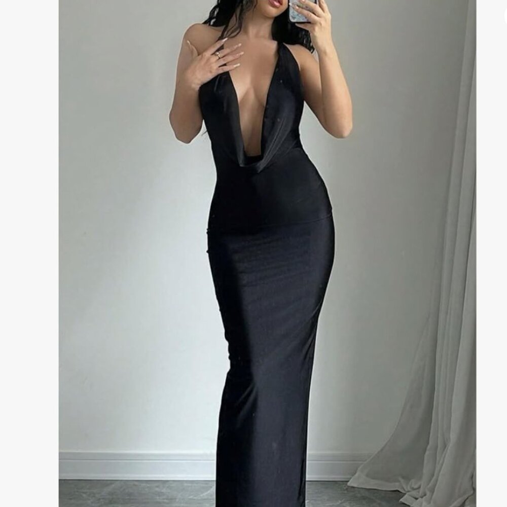 Women's Tie Backless Draped Halter Maxi Dress